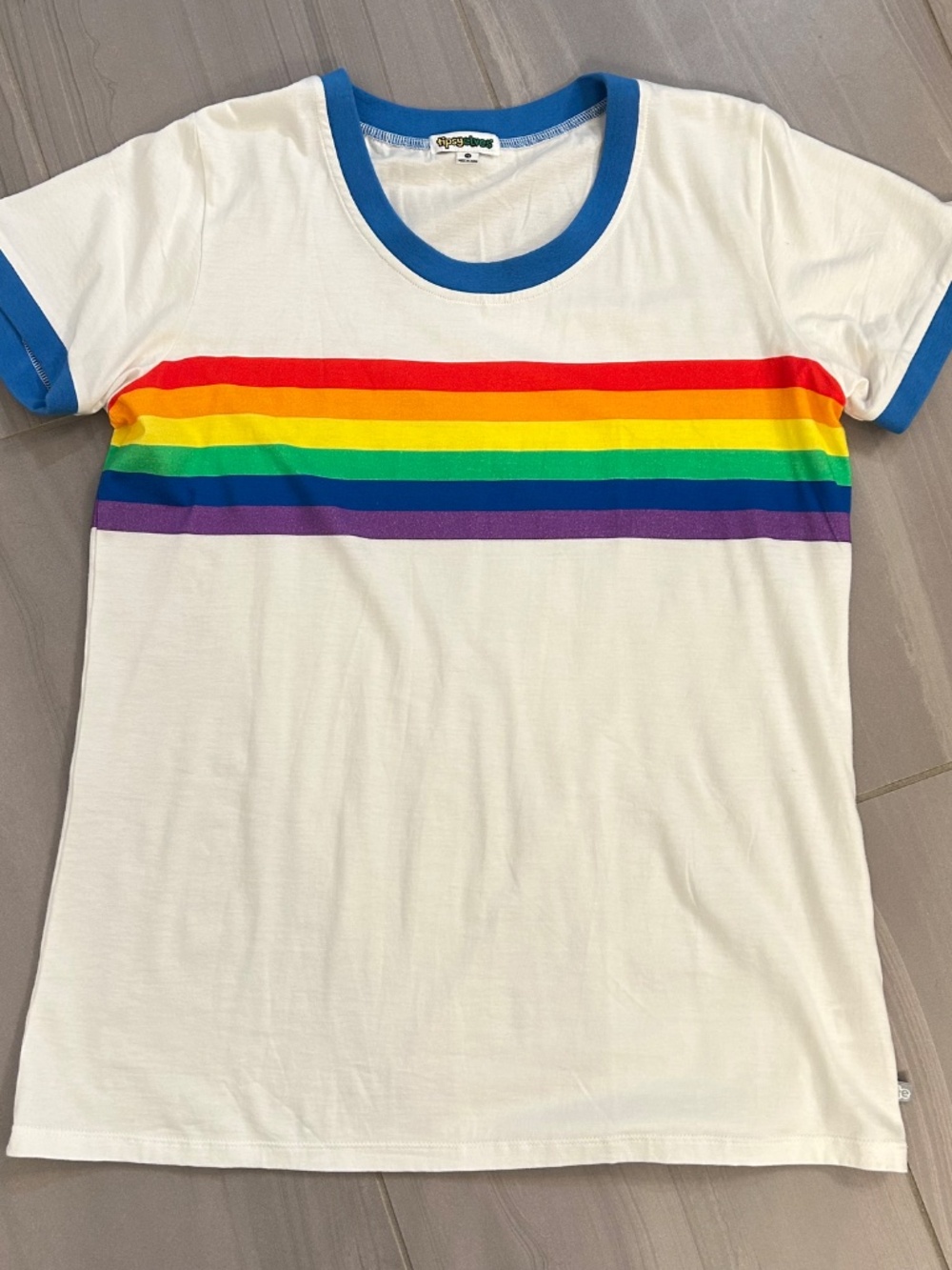 Tipsy Elves (sold by Modcloth) white ringer tee/t-shirt with retro rainbow, XL